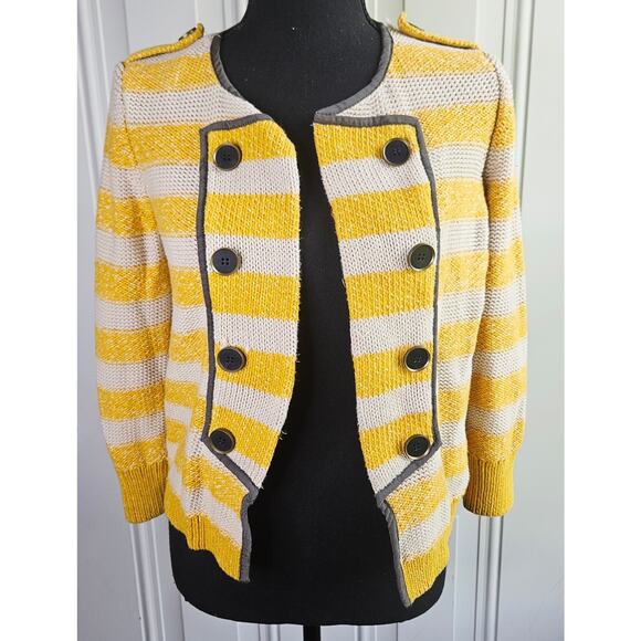 LOFT Military Style Cardigan Sweater Yellow Cream Striped Cotton Size Small - Picture 3 of 12